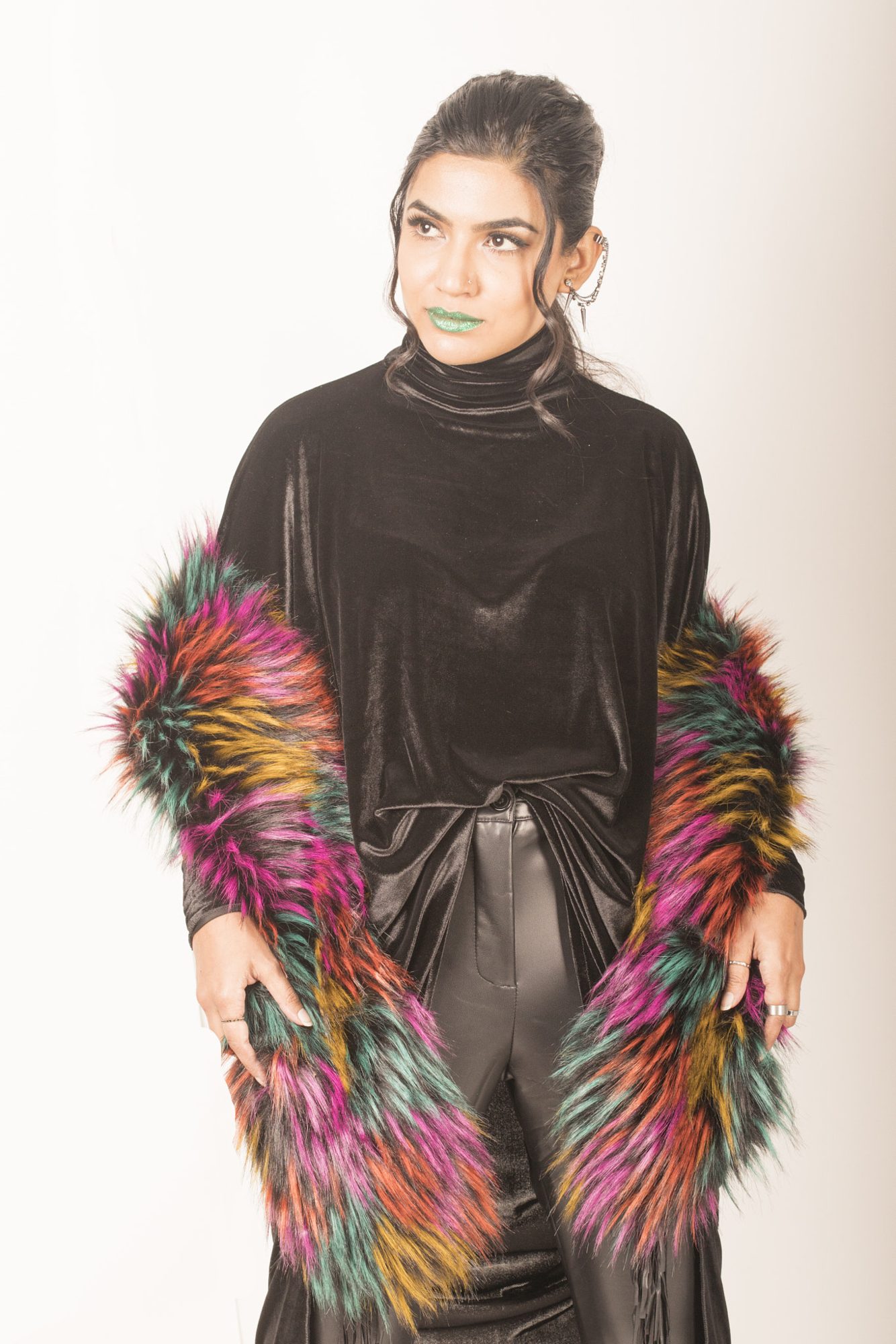 Portrait in velvet with colorful fur scarf